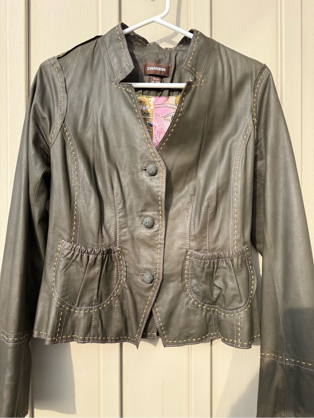 Vintage Danier Genuine Leather Olive Green Jacket with Pink & Yellow Stitching - Picture 2 of 11